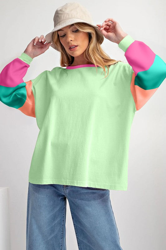 Women Colorblock Patchwork Long Sleeve Loose Top - Fuzzys Fashion USA