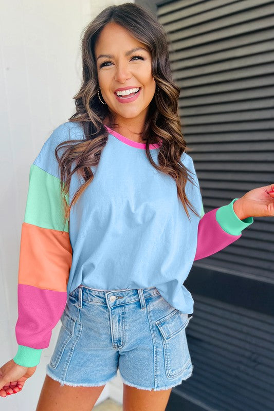 Women Colorblock Patchwork Long Sleeve Loose Top - Fuzzys Fashion USA