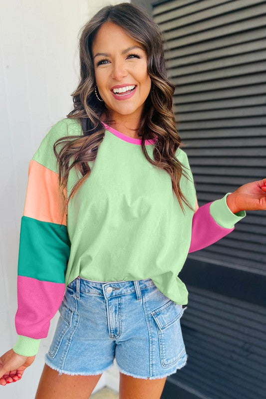 Women Colorblock Patchwork Long Sleeve Loose Top - Fuzzys Fashion USA