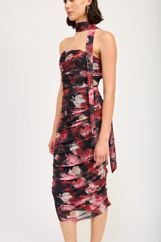 SHIRRED FLORAL MINI DRESS WITH SCARF - Fuzzys Fashion USA