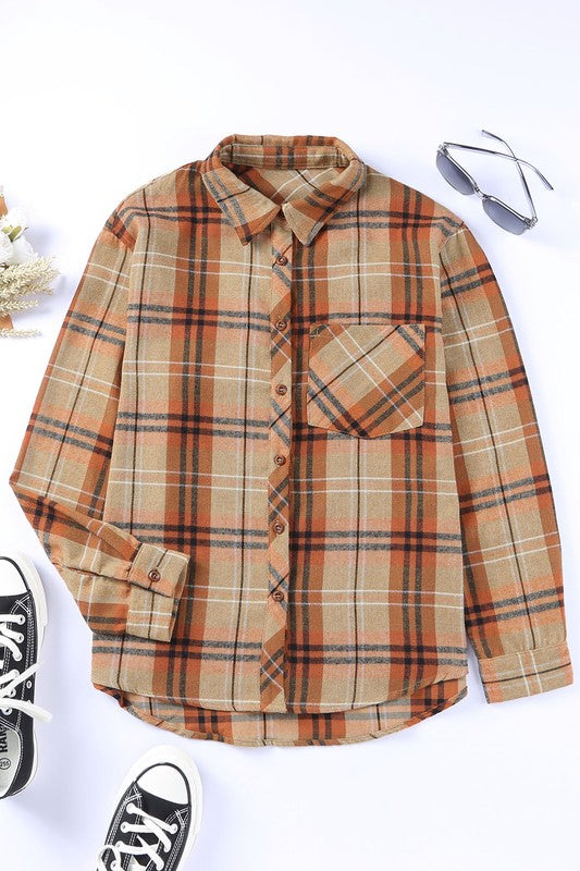 Women Plaid Pocket Buttoned Long Sleeve Shirt - Fuzzys Fashion USA