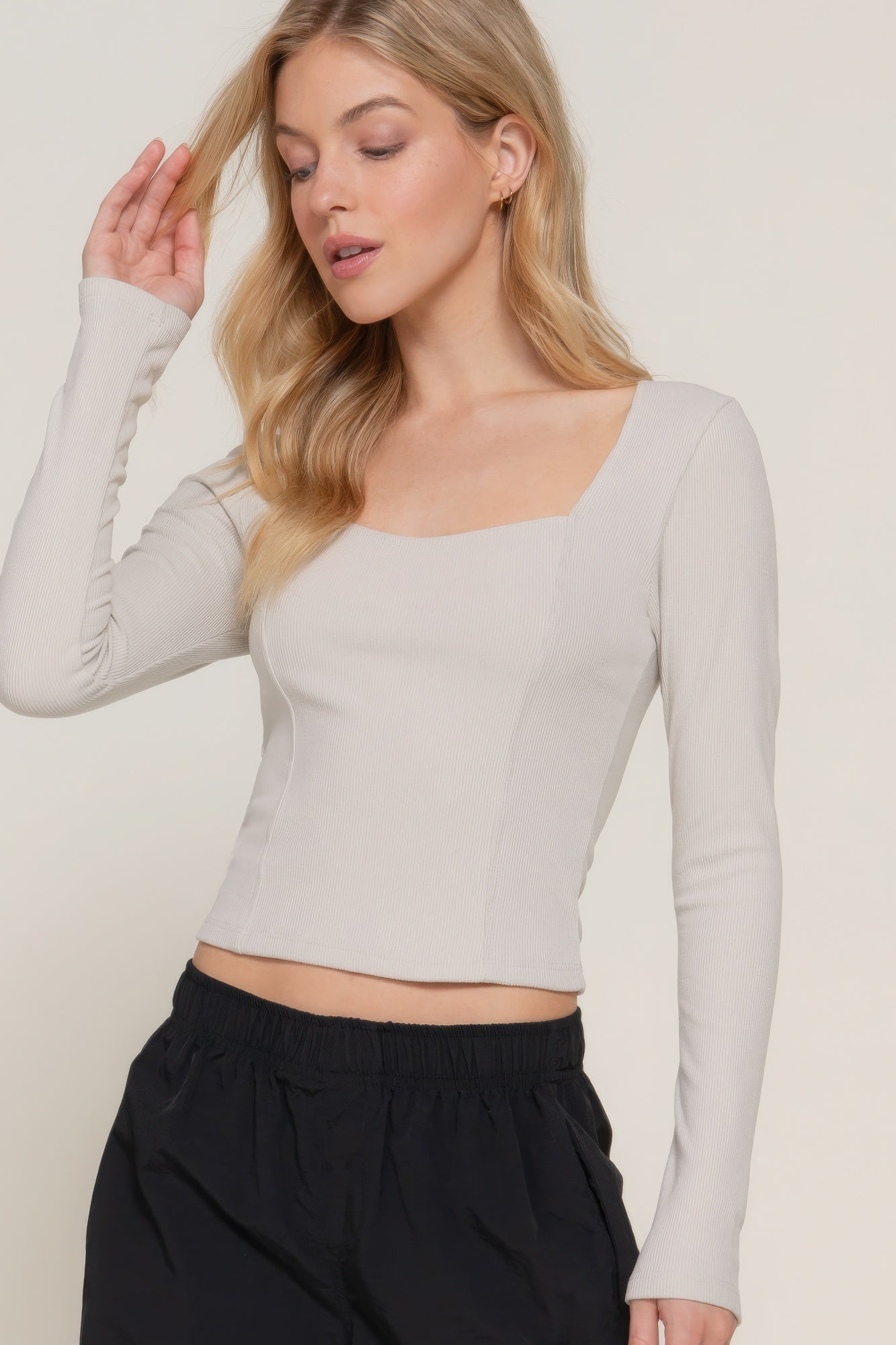 Long sleeve sweetheart neck seam detail knit top - Fuzzys Fashion USA