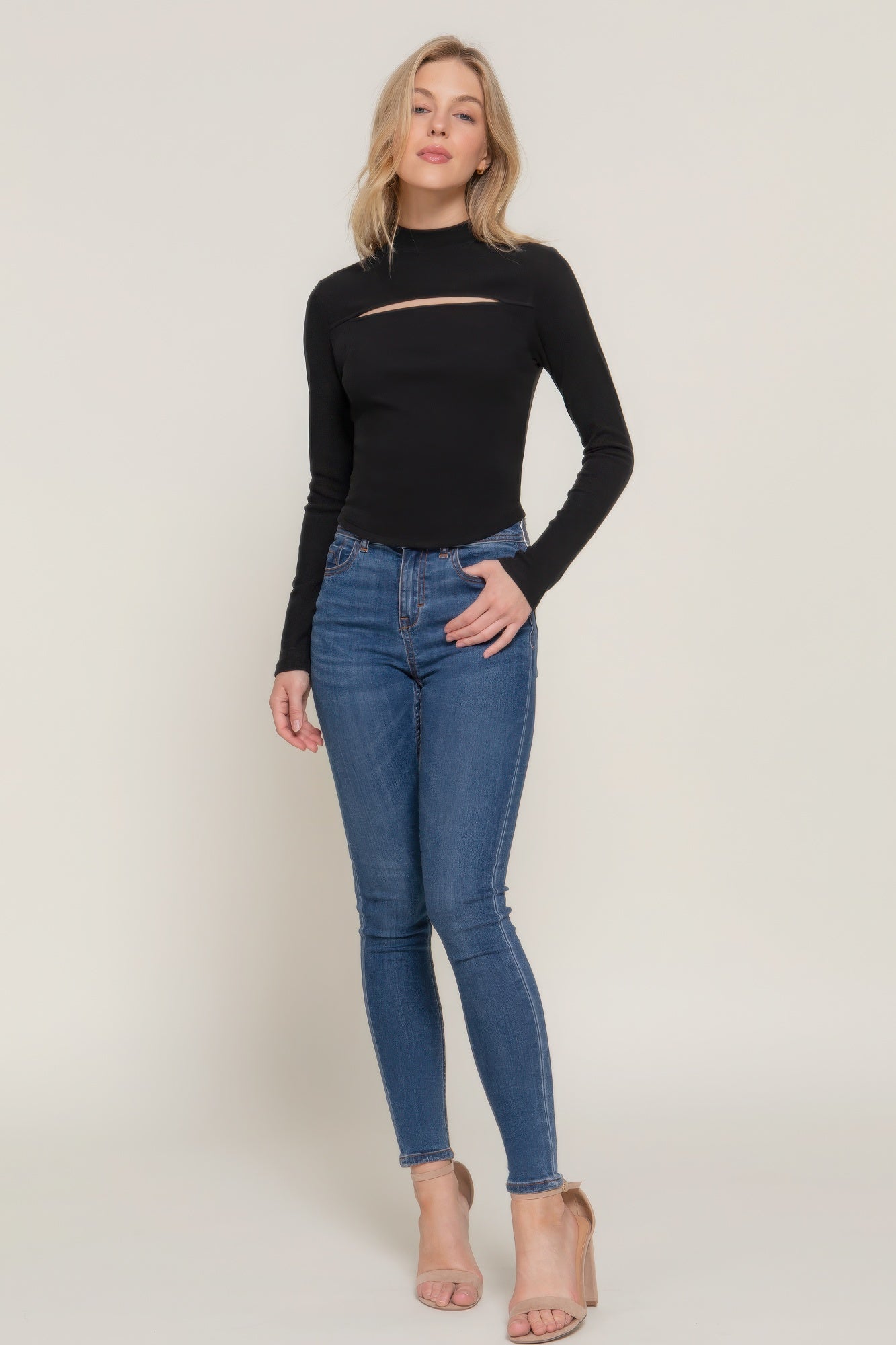 Long Sleeve Mock Neck Keyhole Rib Knit Top - Fuzzys Fashion USA