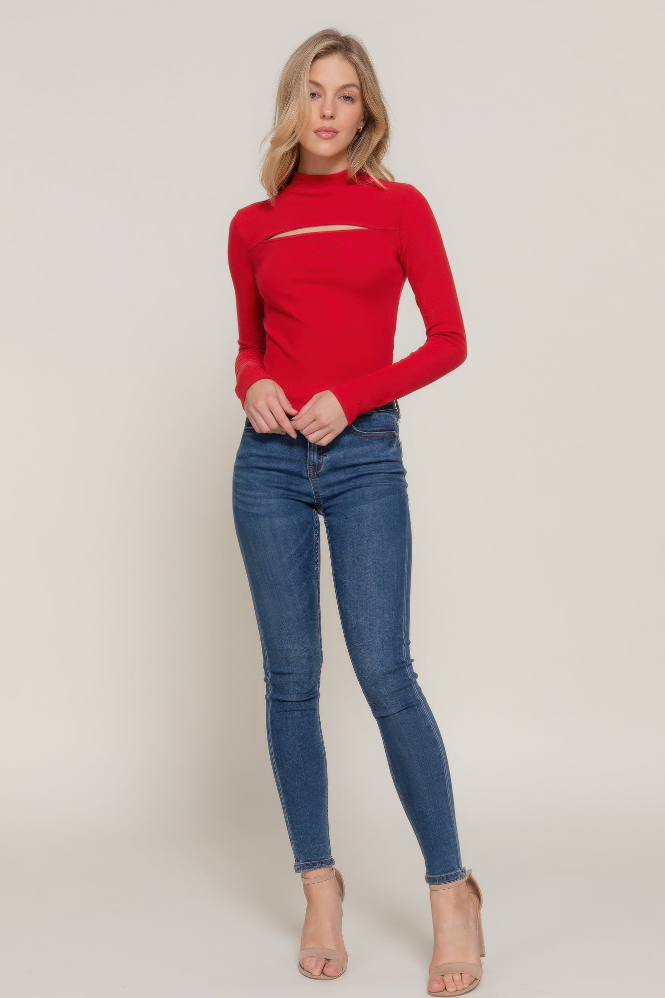 Long sleeve mock neck kyehole rib knit top - Fuzzys Fashion USA