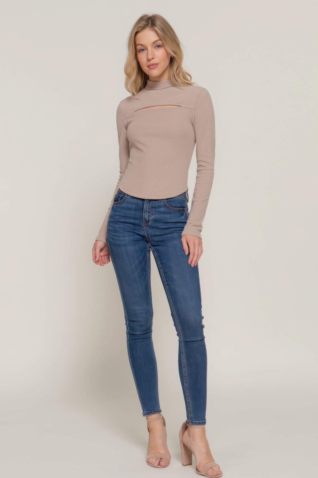 Long sleeve mock neck kyehole rib knit top - Fuzzys Fashion USA